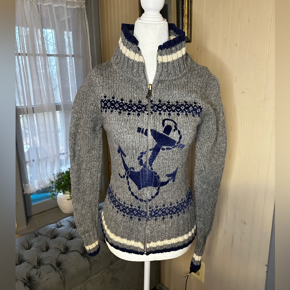 Heritage 1981 Nautical Anchor Zip Cardigan Sweater Small Gray Blue Chunky Knit